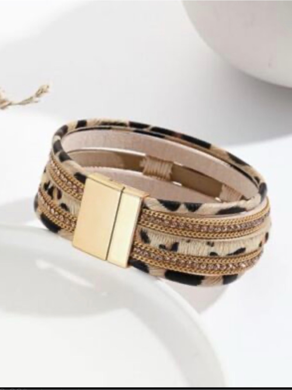 Gold-Tone Beige Leopard Multi-Strand Magnetic Bracelet